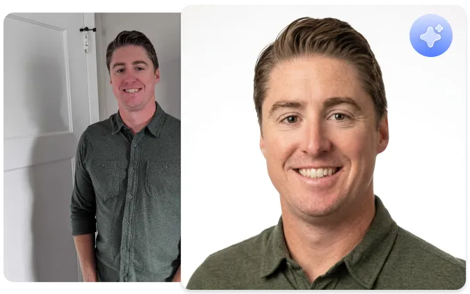 Before and after AI enhancement showing background removal and lighting correction