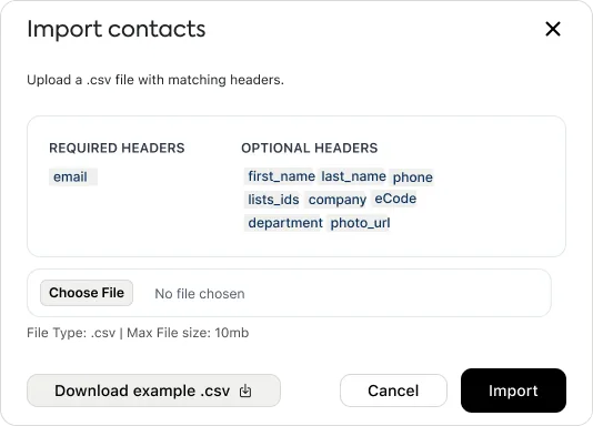 Import contacts modal with CSV upload