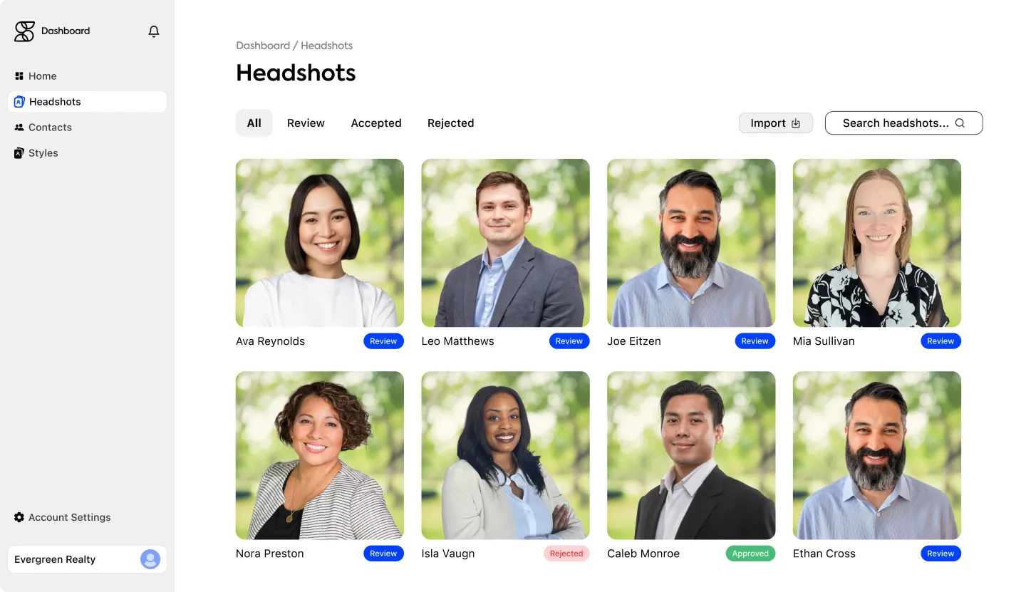 Headshots dashboard with review queue