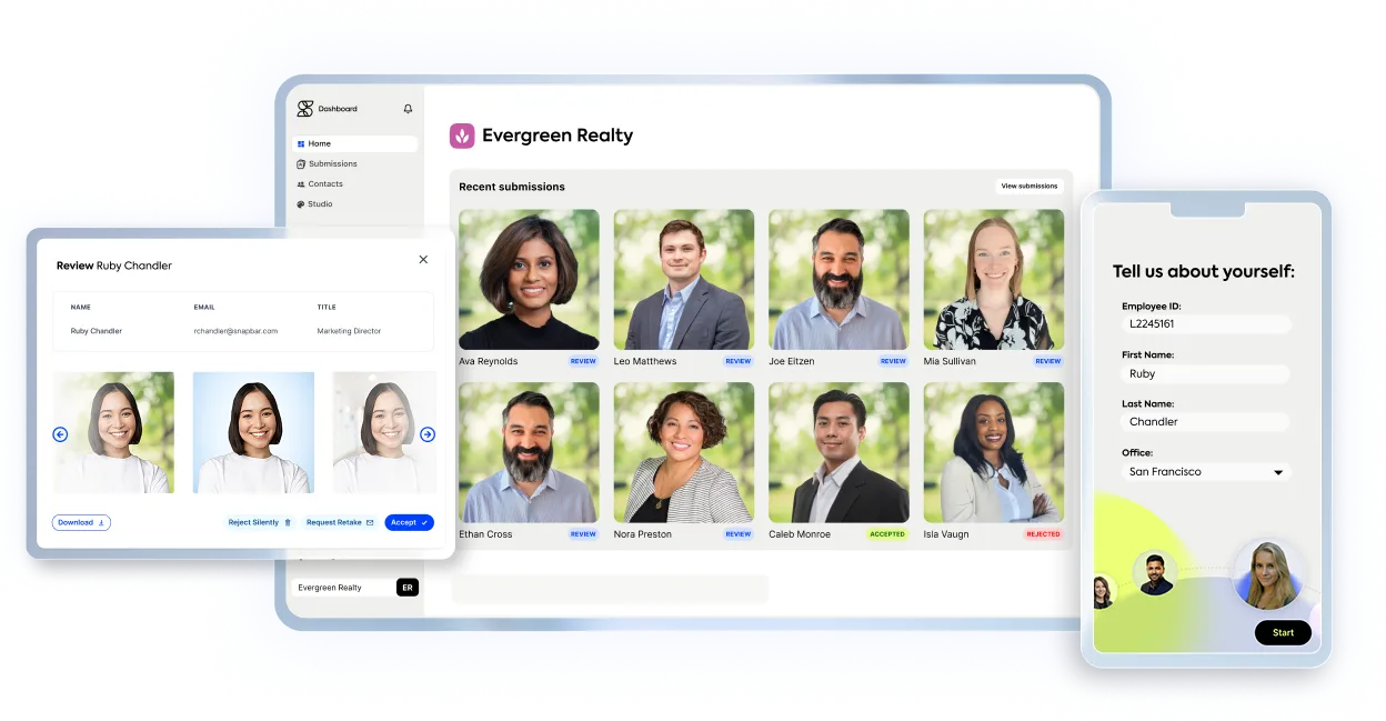 Admin dashboard showing team management grid with headshot thumbnails, approval status badges, and style settings panel
